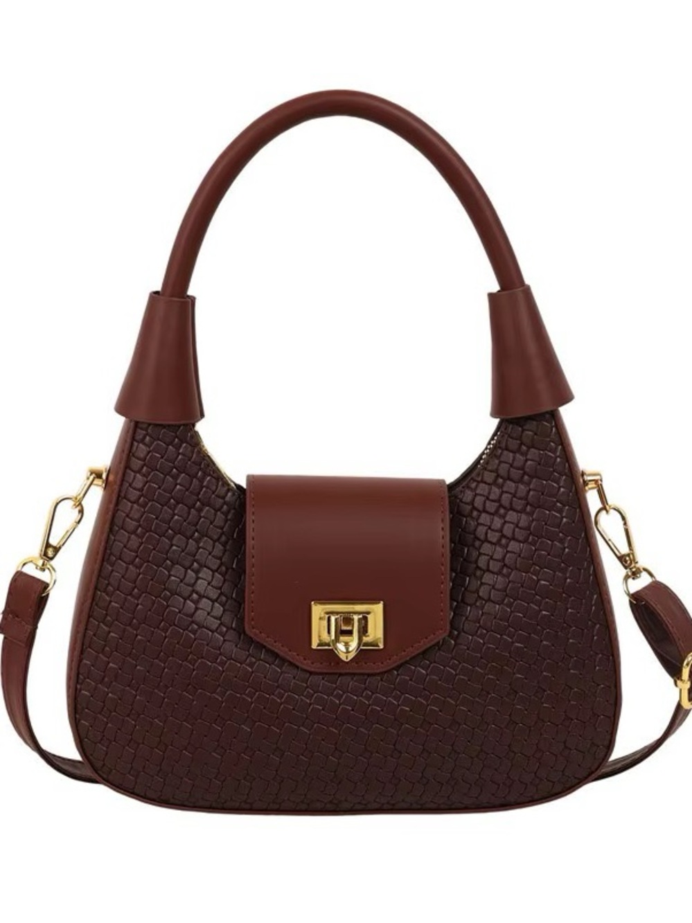 Elegant Woven Brown Shoulder Bag with Gold Hardware